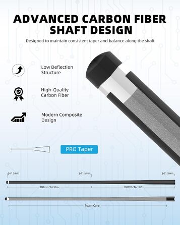 Карбоновий шафт для більярдного кия KONLLEN BlackShaft Radial 11.5 мм, Low Deflection, Pro-Taper, поміранчева накладка, з'єднання 3/8×8 або Uni-Loc, 74 см