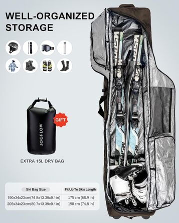 Скі-сумка Skitasche 360° з роликами, водонепроникна, 1200D, для 1/2 комплектів лиж, 190 см, Khaki