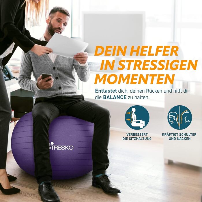 Фітбол TRESKO® 75 см з насосом | Для фітнесу, йоги, вагітності, тренування пресу та спини | Антивибуховий, 300 кг, фіолетовий