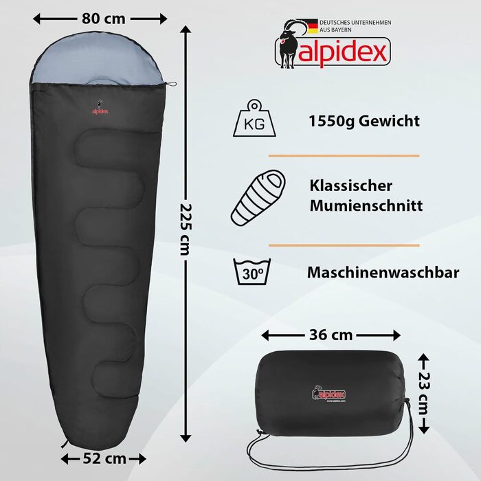 Спальний мішок ALPIDEX Mumienschlafsack 4 сезони -17°C 225x80 см, ультралегкий, для кемпінгу, трекінгу, туризму, чорний