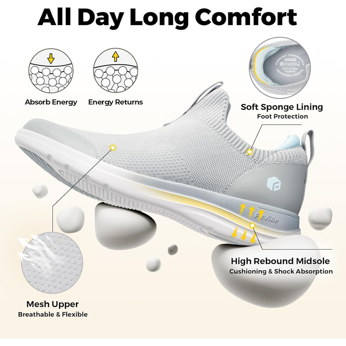 FitVille Кросівки Slip-on для жінок, широка колодка, для ходьби, дихаючі, легкі, спортивні, фітнес, джогінг, Outdoor, Gym, BriskWalk V3 (39 EU, сірий)