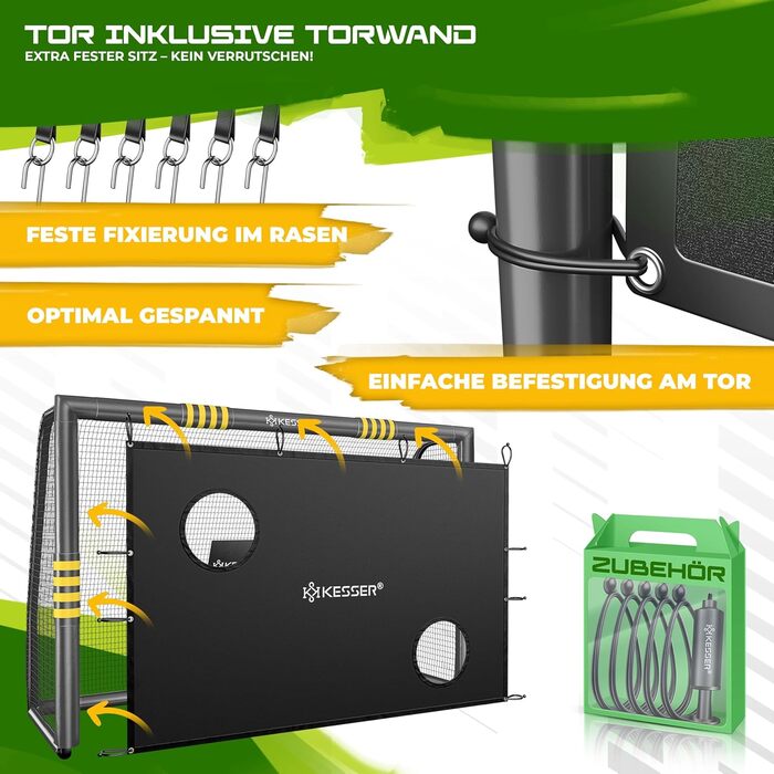 Ворота для футболу KESSER® для саду: міцні, для тренувань, з UV-стійкою сіткою, сталевий каркас з підкладкою, земляні анкери, повітряний насос, фішки, монтажні аксесуари для дітей та дорослих 180 см - з ворітною рамою антрацитового кольору