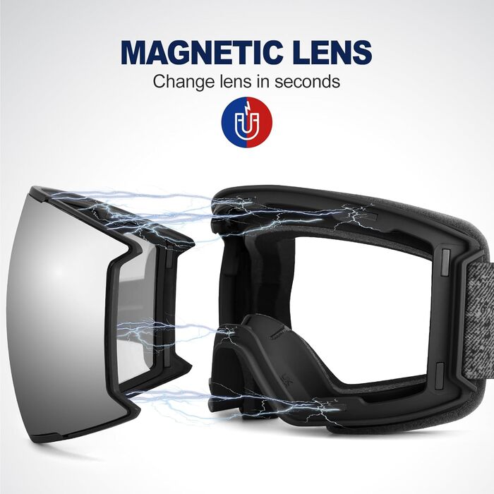 Одоланд Скі-маска для сноуборду та лиж для жінок та чоловіків з 2 змінними лінзами та чохлом, антитуманне покриття, захист від УФ-променів, сумісна з шоломом, для хлопчиків та дівчаток, чоловіків та жінок, темно-сріблястий (VLT 15%)