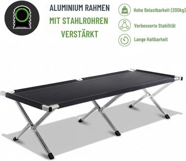 Ліжко похідне Kronenburg XXL 210x72x45 см, сталеві труби, до 200 кг, чорне - зручне кемпінгове ліжко