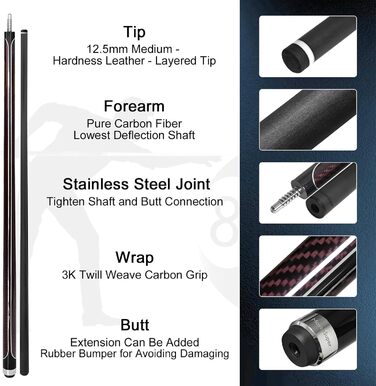 Професійний більярдний кий Billardqueue з карбону, низький кут відхилення, з кейсом та аксесуарами, 12.5 мм наконечник, 147.3 см, 567-595 г