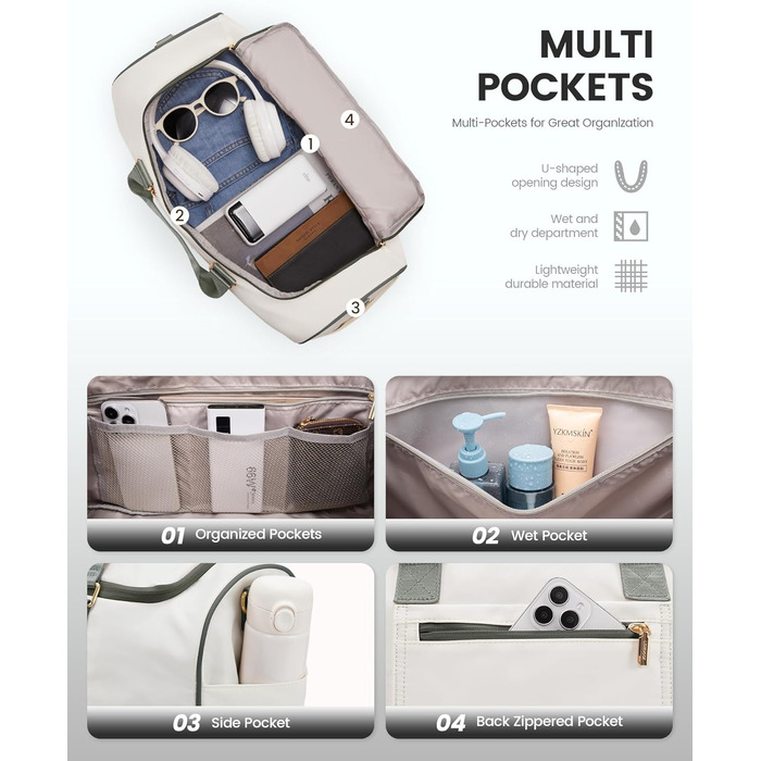 Сумка-валіза LOVEVOOK 37L для подорожей та спортзалу, водонепроникна, з відділенням для взуття та мокрих речей, зелено-бежева