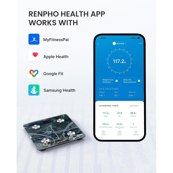 Цифрова ваги RENPHO для визначення жиру, BMI, м'язової маси, білка, BMR, з Bluetooth, додатком, мармурова поверхня, Elis 1, 280 мм