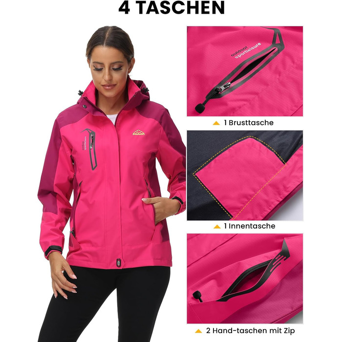 Жіноча трекінгова куртка Outdoor Легка перехідна куртка Вітронепроникна куртка Водонепроникна куртка-дощовик Дихаюча функціональна куртка з відстібаною капюшоном, Рожево-червоний колір, Розмір L