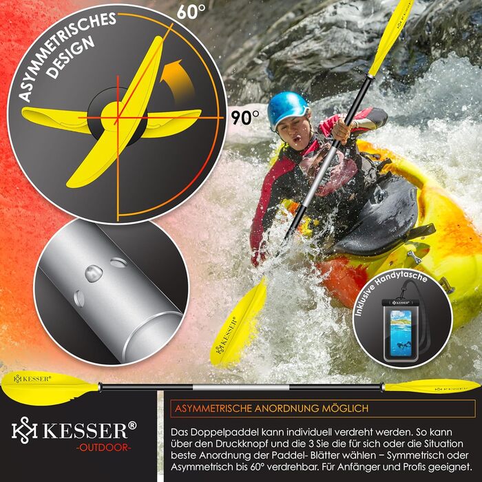 Весло KESSER® Paddle Doppelpaddel для каяка, SUP, Stand-Up Paddling Board, 228 см, алюміній, з мотузкою безпеки, чохлом для телефону, для надувних човнів (жовтий)