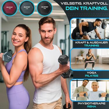 Набір гантелей Hantel-Set: 1 кг - 5 кг, 12 кг або 18 кг зі стійкою та 3 еластичні стрічки. Нековзкі неопренові гантелі для жінок та чоловіків. Кольори: пурпурний, туманно-сірий, чорний (18 кг)