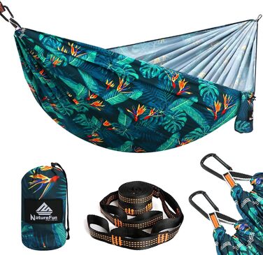 Гамак для кемпінгу NATUREFUN Ultraleicht | 300 кг, 275 x 140 см | Дихаючий, швидковисихаючий, нейлон | 2 карабіни, 2 петлі | Для відпочинку вдома, на природі, в саду