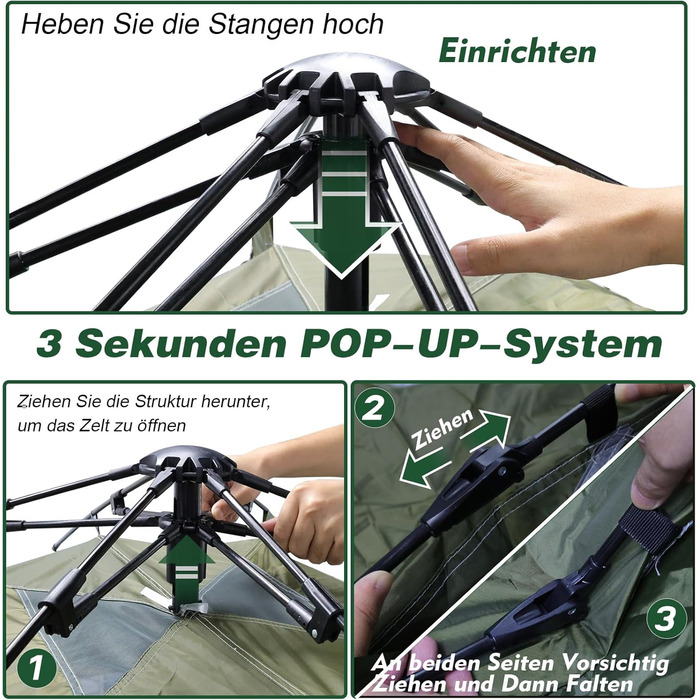 Намет для кемпінгу з тамбуром, намет для 2-4 особи, водонепроникний PU5000, для відпочинку, подорожей, трекінгу, саду, куполоподібний, ультралегкий, рюкзак, 2025, армійний зелений (Pop Up)