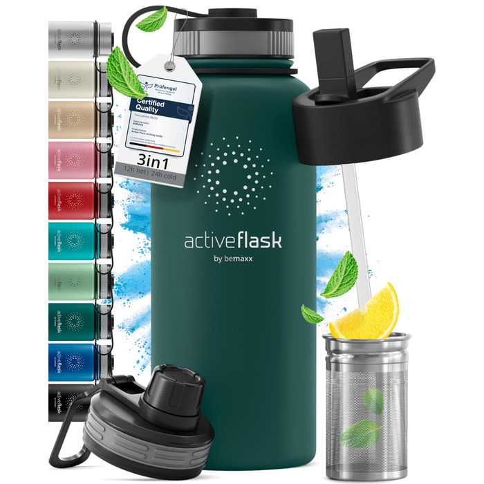 Фляга ACTIVE FLASK з нержавіючої сталі з трубочкою (3 кришки), BPA-free, без витоку, для газованої води - 950 мл, Темно-бірюзовий