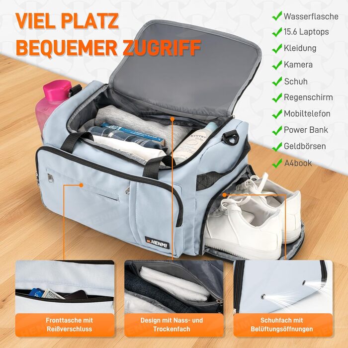 Спортивна сумка HENMI для залу та подорожей, містка сумка для спорту 43Л з відділенням для взуття та вологих речей, складана дорожня сумка (Синя)