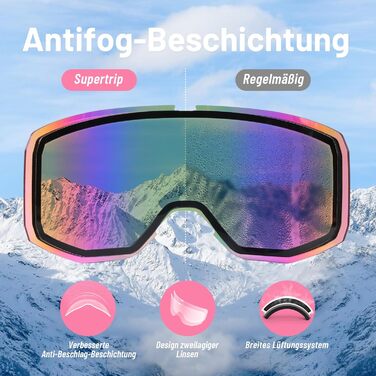 Сноубордична маска Supertrip для дорослих і підлітків, циліндрична, антифог, UV400, для окулярів, біло-рожева, для катання на лижах, сноуборді, скейті, сумісна з шоломом