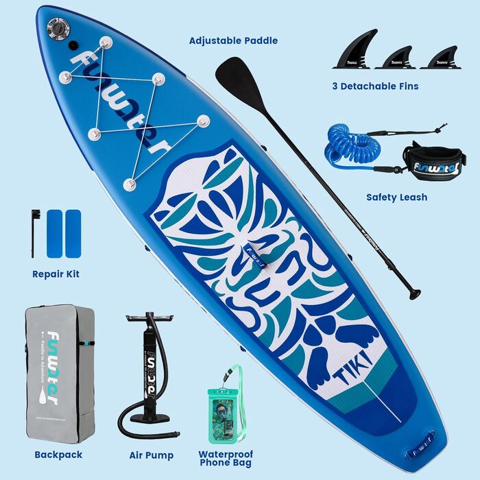 Надувний SUP (Stand Up Paddle Board) FunWater 10'6' & 11'6' з аксесуарами: весло, насос, рюкзак, плавники. Підходить для всіх рівнів майстерності. Рожевий та синій кольори.