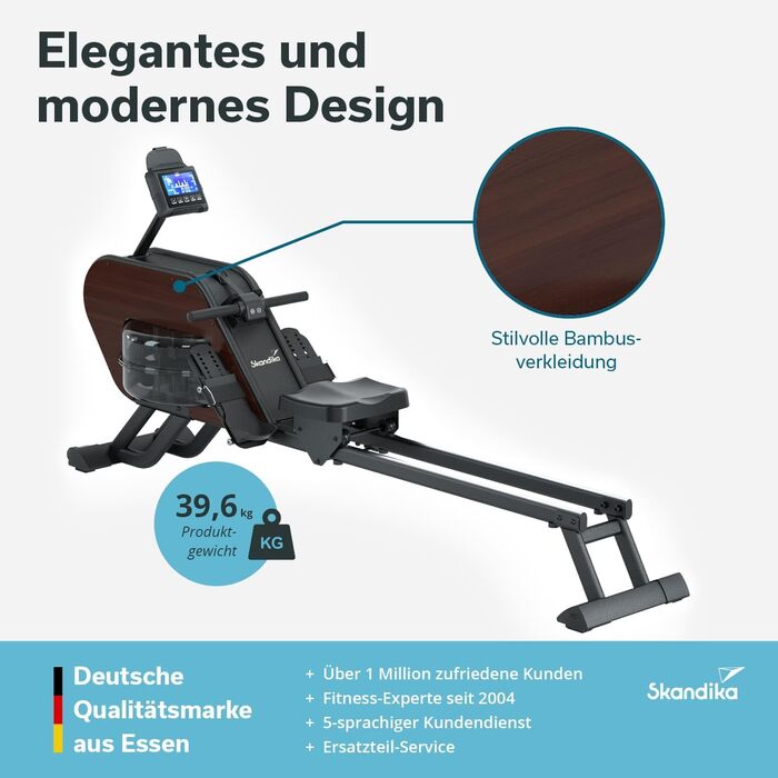 Гребний тренажер Skandika Nemo III Hybrid з водним та магнітним опором | 32 рівня електроніки, 15 програм, до 200 см, сумісний з додатком, дерев'яний | Фітнес-обладнання для дому
