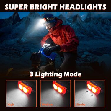 LED налобний ліхтар, 2 шт., 2000 люменів, перезаряджається, 3 режими, водонепроникний, для риболовлі, бігу, кемпінгу (Помаранчевий)