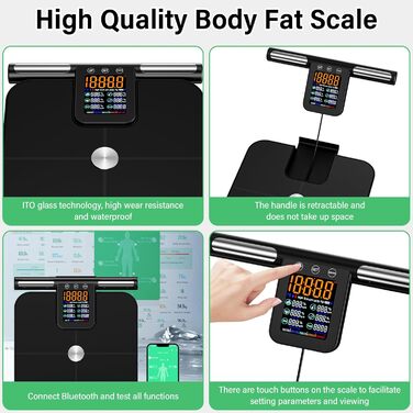 Вага для вимірювання жиру в тілі з датчиками рук, 8 електродів, цифрова вага з LCD дисплеєм, точна вага для вимірювання жиру та м'язової маси з APP, 32 показники, для вимірювання жиру, ІМТ та інше, чорного кольору