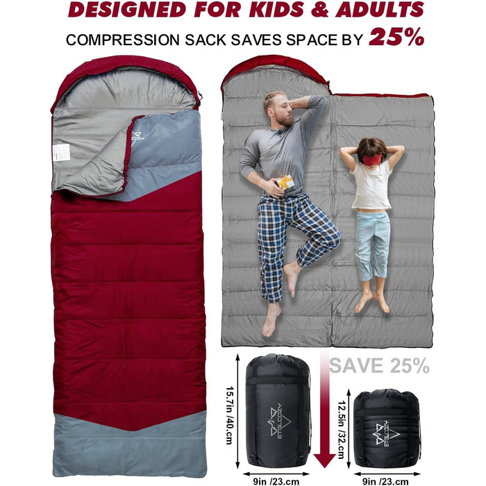 Спальні мішки для дорослих та дітей – для холодної та теплої погоди. Водонепроникний, легкий спальний мішок для кемпінгу, піших прогулянок та трекінгу (з компресійним мішком). Підходить для 3-4 сезонів, 10-20°C, 1.5KG – Чорний (10-20°C, 1.5KG-Вишневий)