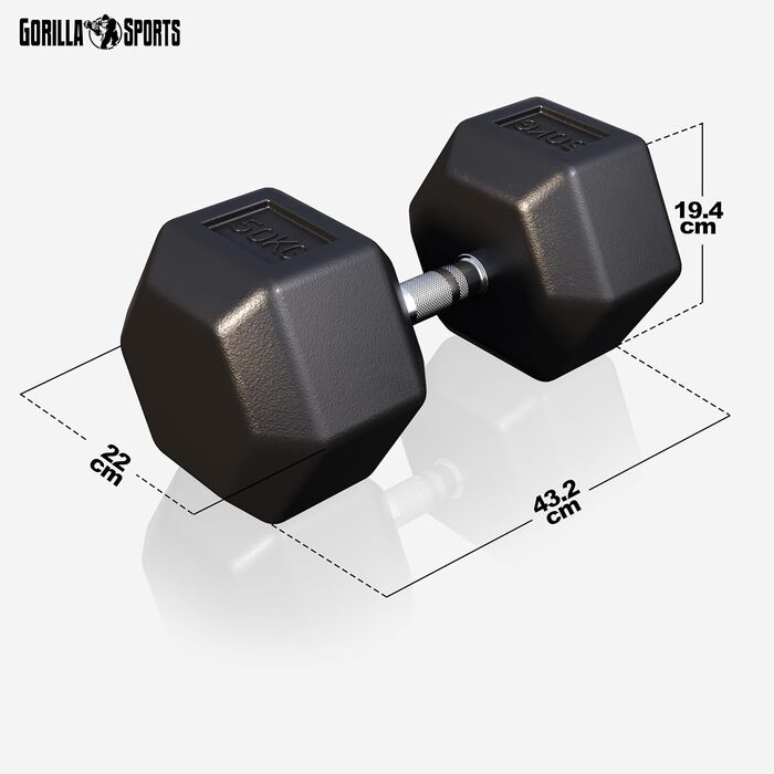 Гантелі GORILLA SPORTS Hexagon 50 кг – шестигранні, гумові, чавунні, рифлений хромований гриф, чорні, для фітнесу та силових тренувань