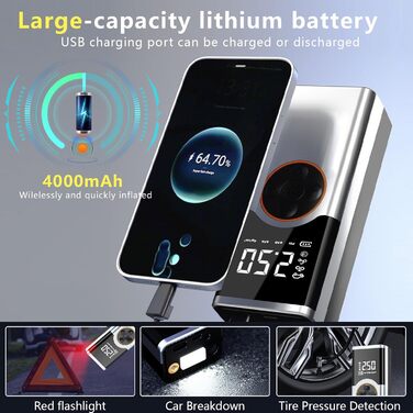 Електричний компресор LOVPIS для велосипеда, авто, мотоцикла, м'ячів (150PSI, 4000mAh)