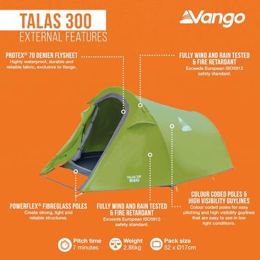 Намет Vango Talas 300 Tunnel: 3-місний, водонепроникний, для кемпінгу, колір Treetops Green
