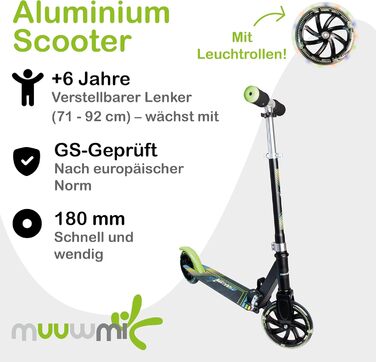 Самокат дитячий Muuwmi Lights алюмінієвий, з підсвіткою коліс, регульований кермо, до 100 кг, зелено-чорний 180мм, сертифікат GS