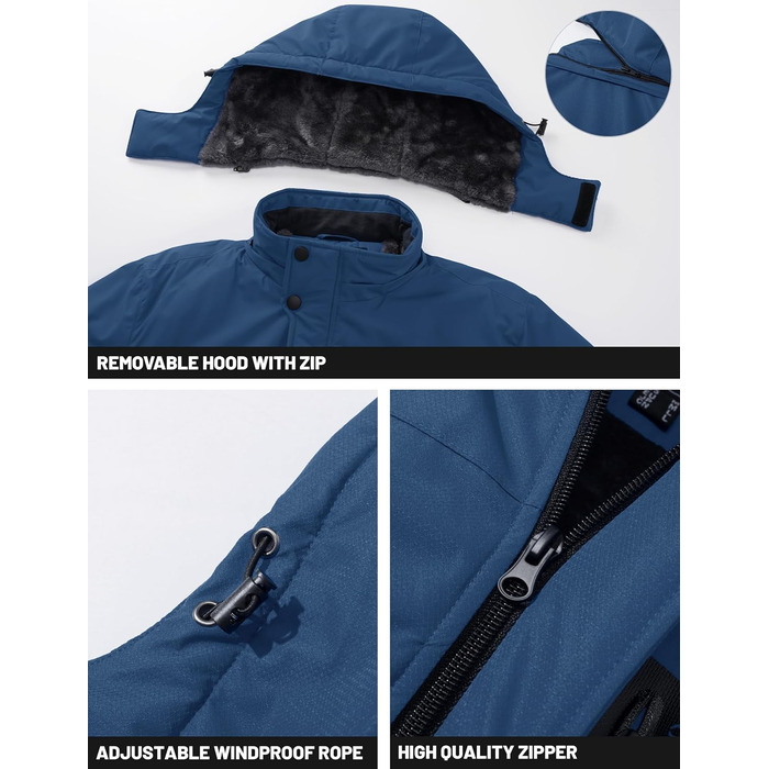 TACVASEN Куртка зимова чоловіча водонепроникна тепла флісова підкладка софтшелл дихаюча функціональна куртка з відстібаною капюшоном XL темно-синій
