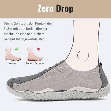 Жіночі босі кросівки для занять спортом та фітнесом. М'які, дихаючі, з антиковзкою підошвою. Розмір 44 EU, сірий колір.