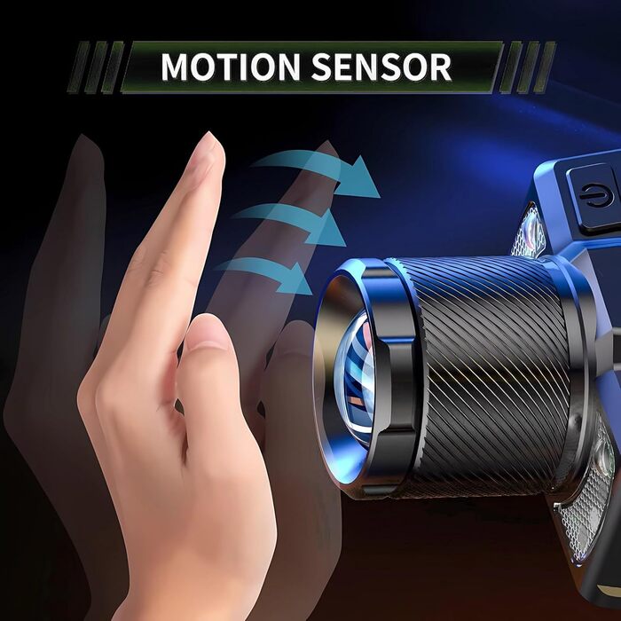 Ліхтар на голову SuperFire LED з датчиком, 7000 люмен, IP43, червоне/біле світло, регулювання 45°, кріплення на шолом, для риболовлі, ремонту, активного відпочинку (8 режимів, зарядка Type-C) чорний