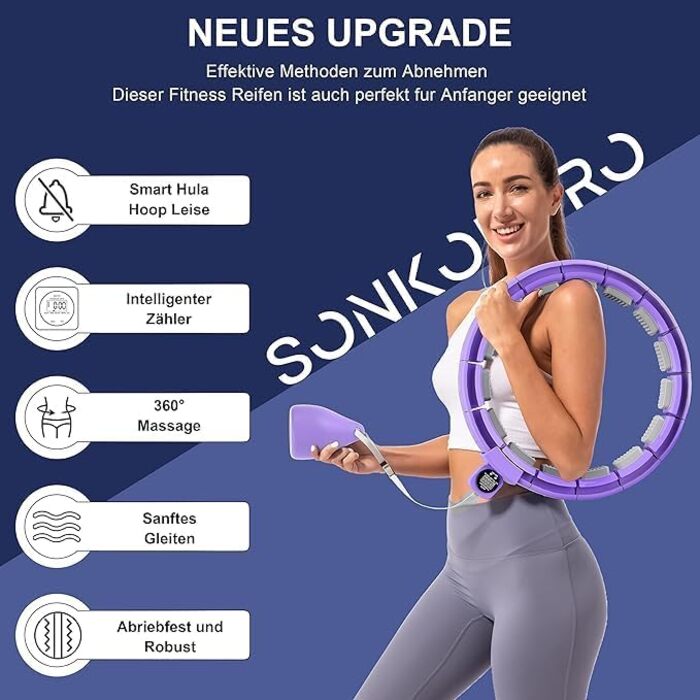 Smart Hoop Sonkoloro для дорослих та початківців: обруч для фітнесу з лічильником, невеликим шумом та невеликими похилими поверхнями (фіолетовий)