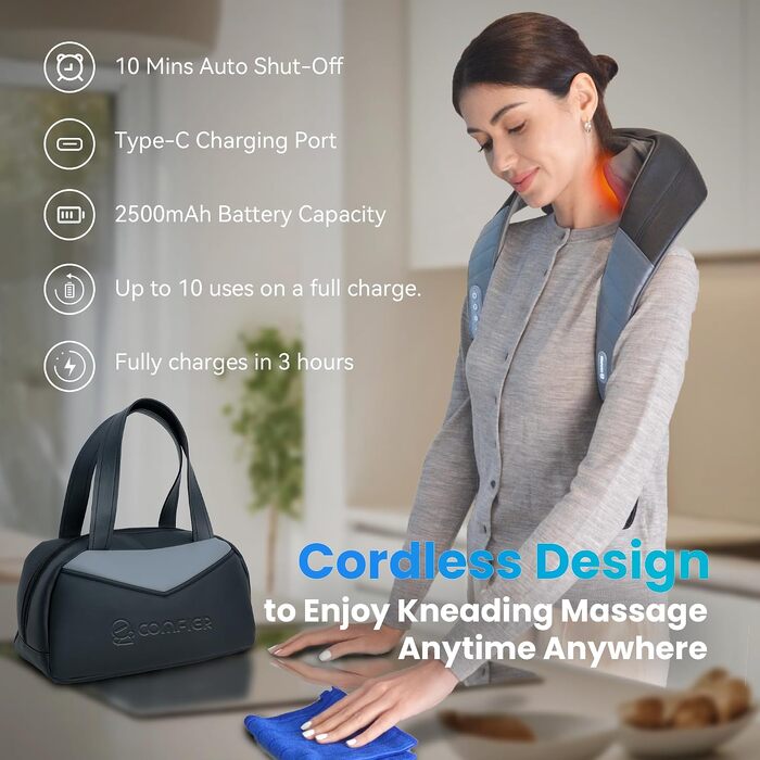 Бездротовий масажер для шиї та плечей COMFIER Shiatsu з підігрівом, 4D глибокий розминаючий масаж для спини, 3 режими, ШК-шкіра, сірий