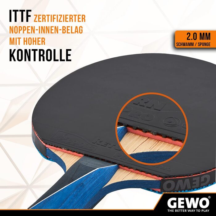 GEWO PS Blast Carbon Pro – професійна карбонова ракетка для настільного тенісу, ITTF сертифікована, з гумою GEWO Return Pro, висока швидкість і обертання, 2,0 мм губка, ручка конкавна