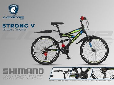 Гірський велосипед Licorne Bike PREMIUM Strong V 24 дюйми, 21 швидкість, повна амортизація, чорний/синій/лайм, для хлопців, дівчат, жінок і чоловіків
