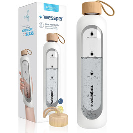 Скляна пляшка для води Wessper 1 л з часовими мітками, боросилікат, BPA-free, мотиваційна, герметична, з бамбуковою кришкою та силіконовим чохлом, біла