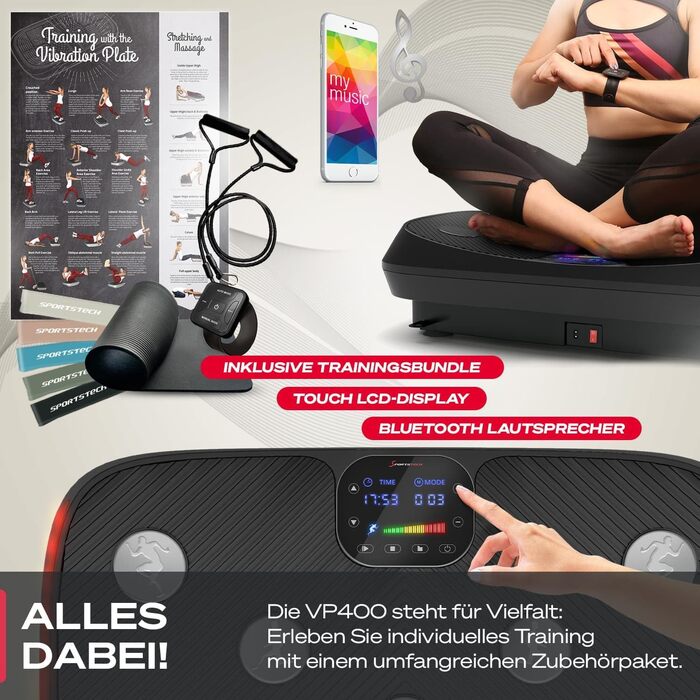 Платформа для вібраційного тренування Sportstech 4D VP400 sVibe з LED, тренувальні резинки та мотузки (комплект)