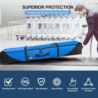Чохол для лиж на колесах Odoland, водонепроникний, для подорожей літаком, 190 см (синій)