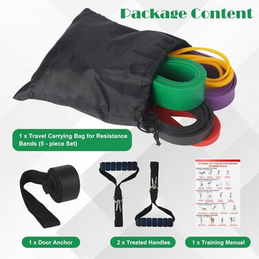 Набір еластичних стрічок для фітнесу з 5 рівнями опору, 2 ручками, 1 дверним анкером, сумкою для перенесення та інструкцією. Ідеально для йоги, силових тренувань чоловіків та жінок