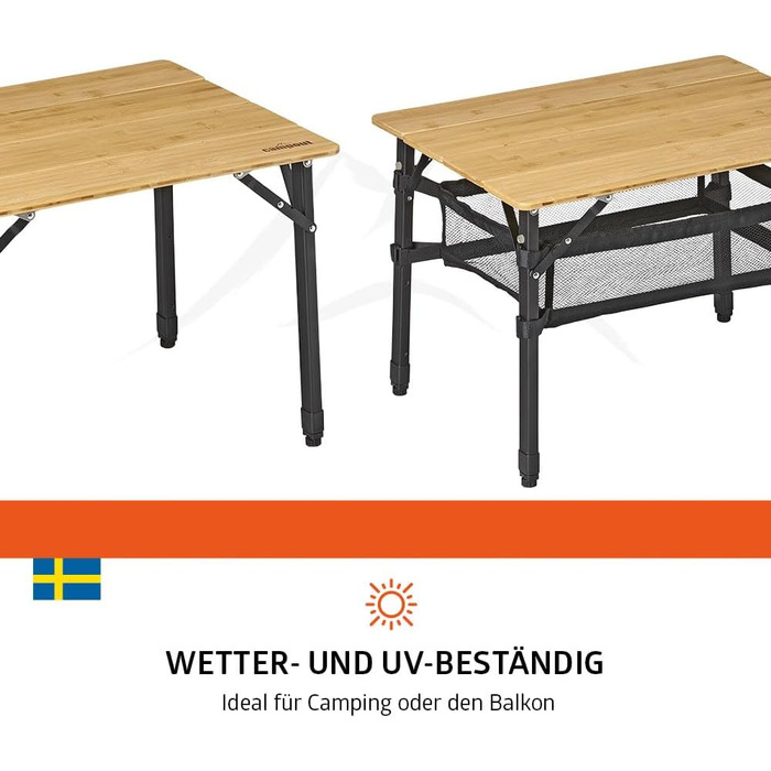 Зручний складаний садовий/кемпінговий столик Campout з бамбуковою полицею (65x50x65 см), 3 положення висоти, з сумкою