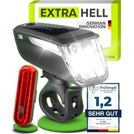 Комплект велосипедних LED-ліхтарів VELMIA з USB-акумулятором, переднє та заднє світло, водонепроникні, до 8,5 годин роботи, StVZO сертифікат