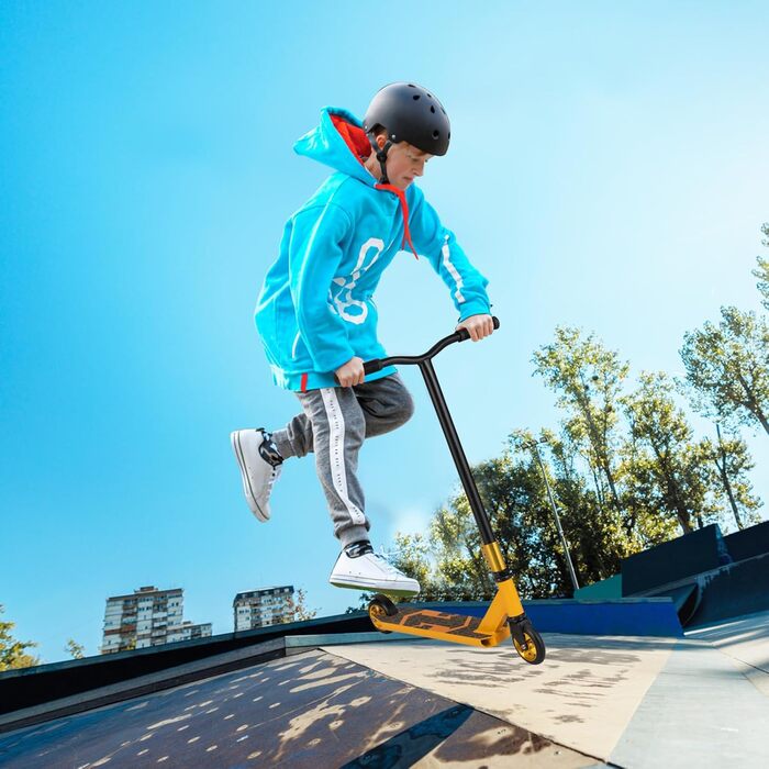 COSTWAY Стантер скутер з 360° поворотом, колеса 110 мм PU, підшипники ABEC-7, алюмінієва дека, вантажопідйомність 100 кг, для дітей від 10 років, жовтий