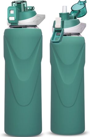 Скляна спортивна пляшка для води DEARRAY 1 л із силіконовим чохлом, трубочкою, герметична, BPA-free, для тренажерного залу, смузі, газованих напоїв, темно-зелена