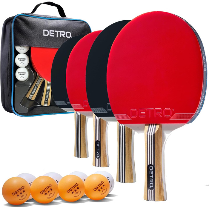 Набір для настільного тенісу Detro на 4 гравці: преміум-ракетки та 8 зіркових м'ячів у кейсі