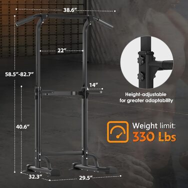 Багатофункціональна турнікова станція AuraCraft Power Tower, регульована висота 169-210 см, чорна. Тренажер для дому, 74x81 см