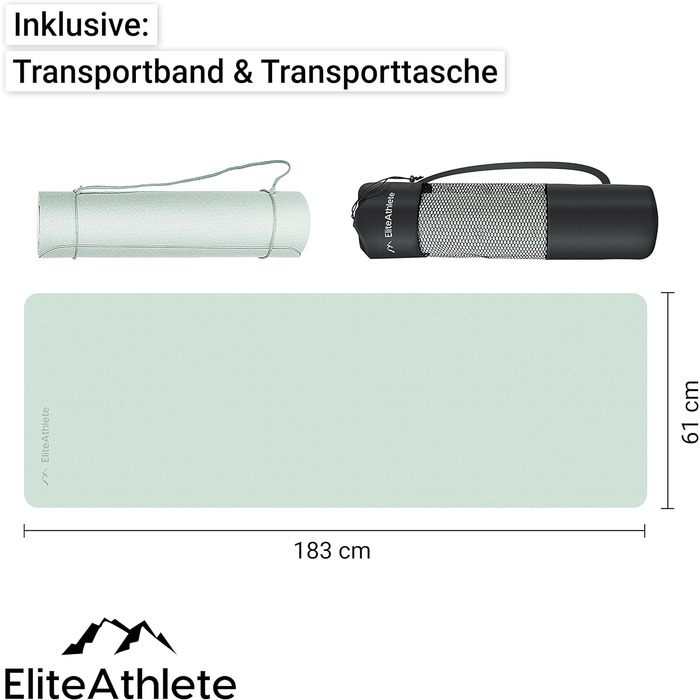 Килимок для йоги та фітнесу EliteAthlete, 183x61x0,6 см, м'який, нековзкий, з ременем і чохлом, м'ятний