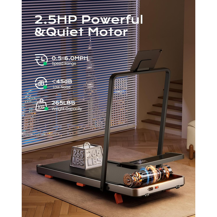 Біговий доріжка з нахилом для дому та офісу, 2.5 PS, портативна під стіл, вантажопідйомність 120 кг, з пультом керування, LED-дисплеєм, колір сріблястий