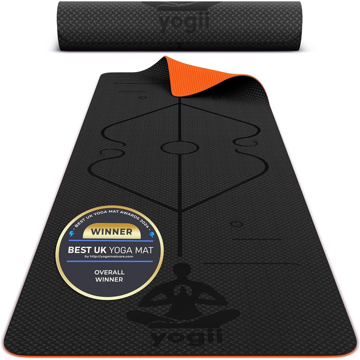 Килимок для йоги Yogii - 183x61x0.6 см. Преміум TPE, чорний/оранжевий. Килимок для фітнесу, гімнастики, спорту