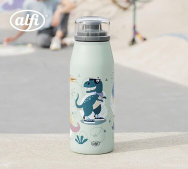 Дитяча термобутилка alfi KIDS ISO 350 мл, зелена з динозаврами, з нержавіючої сталі, ізольована, герметична, з гвинтовою кришкою, зберігає тепло 12 годин, холод 24 години, підходить для газованих напоїв, BPA-free