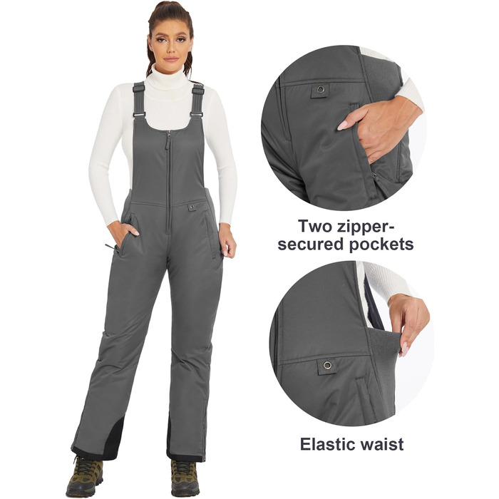 Жіночі гірськолижні штани GEMYSE, водонепроникні, вітронепроникні, з регульованими лямками, комбінезон для холодної погоди (XL, сірий)